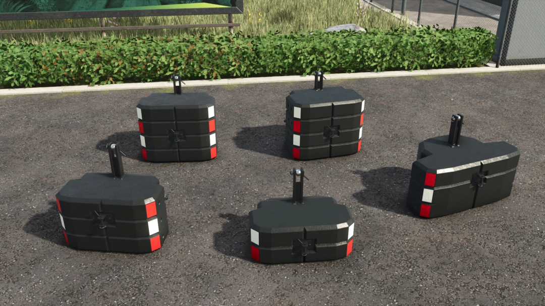 Six Steyr Weight Pack v1.0.0.0 mods for Farming Simulator 25 placed outdoors on asphalt, with a hedge and fence in the background.