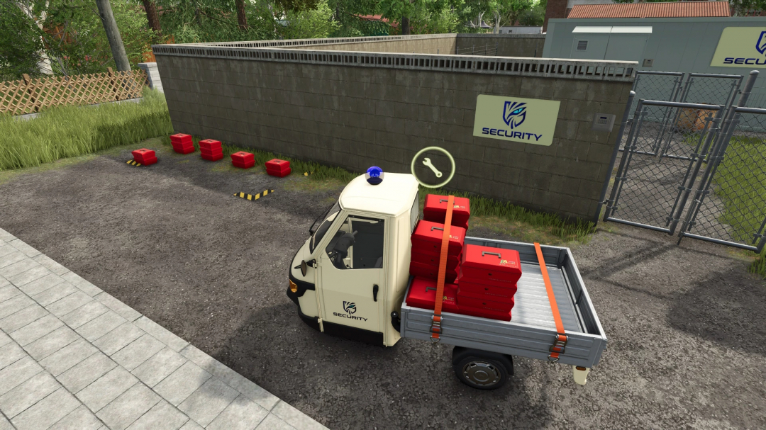 Farming Simulator 25 mod image showing a security van loaded with cash boxes from the NF March v1.0.1.0 for stable storage.