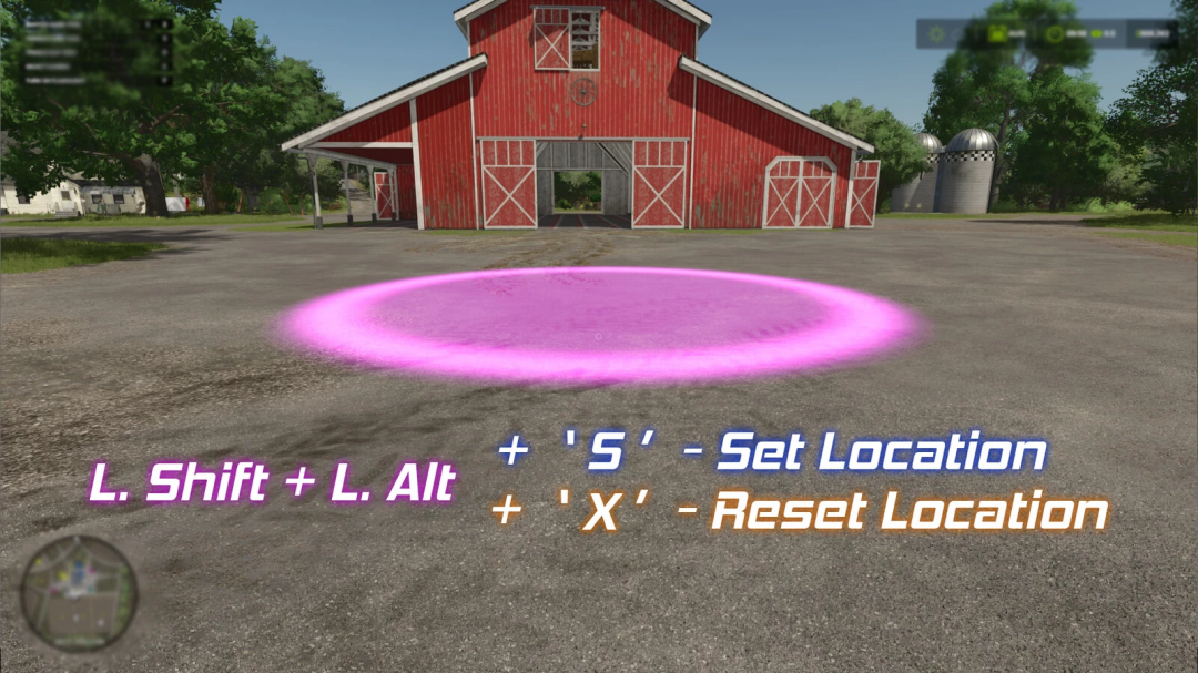 Farming Simulator 25 mod, Store Deliveries v1.0.1.0, location setting interface with pink highlight on the ground in front of a red barn.