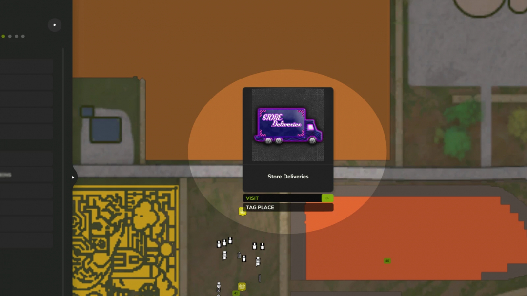 Map highlighting Store Deliveries mod icon for Farming Simulator 25, showing delivery location and nearby areas.