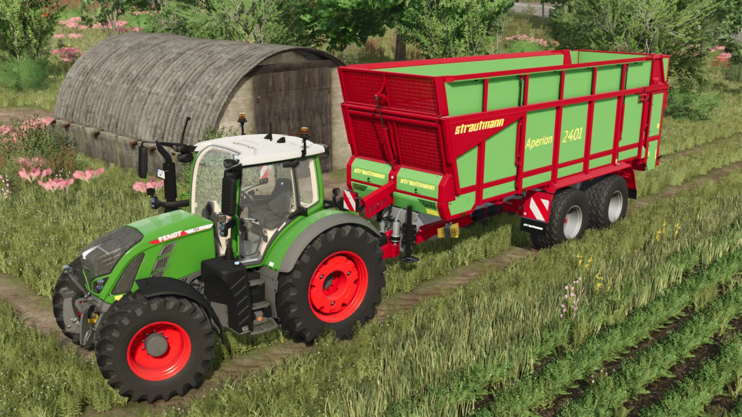 Farming Simulator 25 mod showcasing a green and red Strautmann Aperion 2401 forage harvester attached to a tractor in a field.