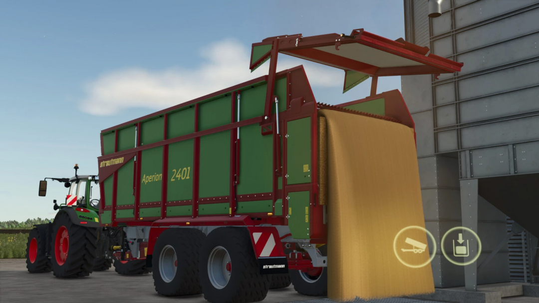 Farming Simulator 25 mod: Strautmann Aperion 2401 forage wagon unloading straw, part of FS25 mods collection.