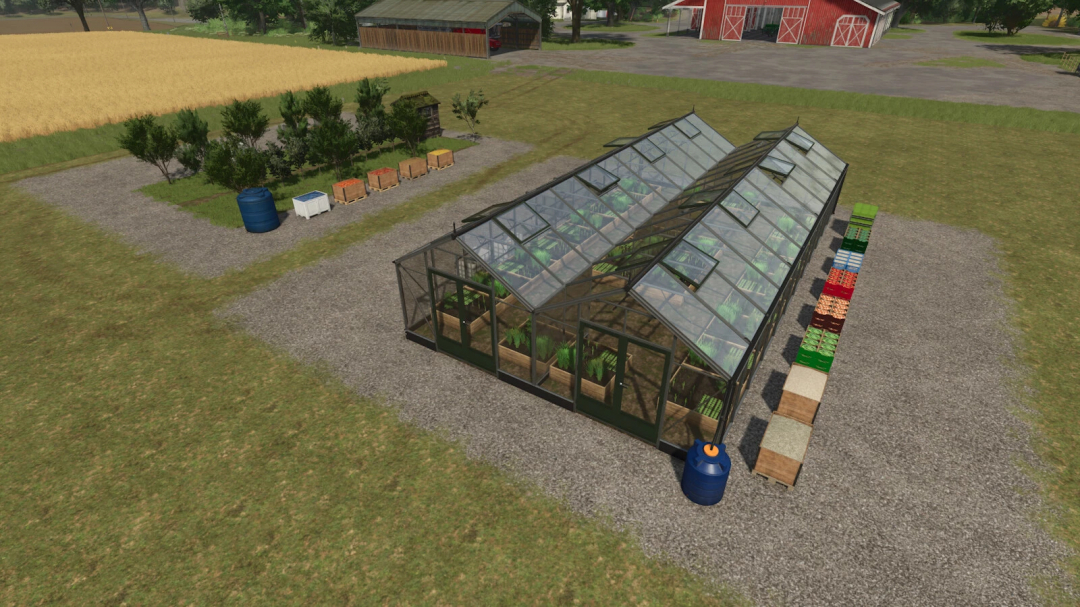 Greenhouse with crops and supplies in Farming Simulator 25, featuring mods from Supermarket Productions v1.0.0.0 for FS25.