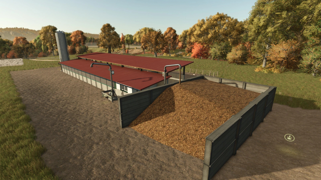 Farming Simulator 25 mod: Supermarket Productions v1.0.0.0, featuring a farm building with storage for hay and equipment, in autumn landscape.