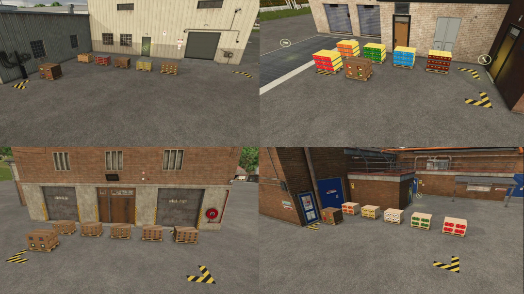 Farming Simulator 25 mods: images of different warehouse and supermarket production mod setups with storage crates, shelves, and equipment.