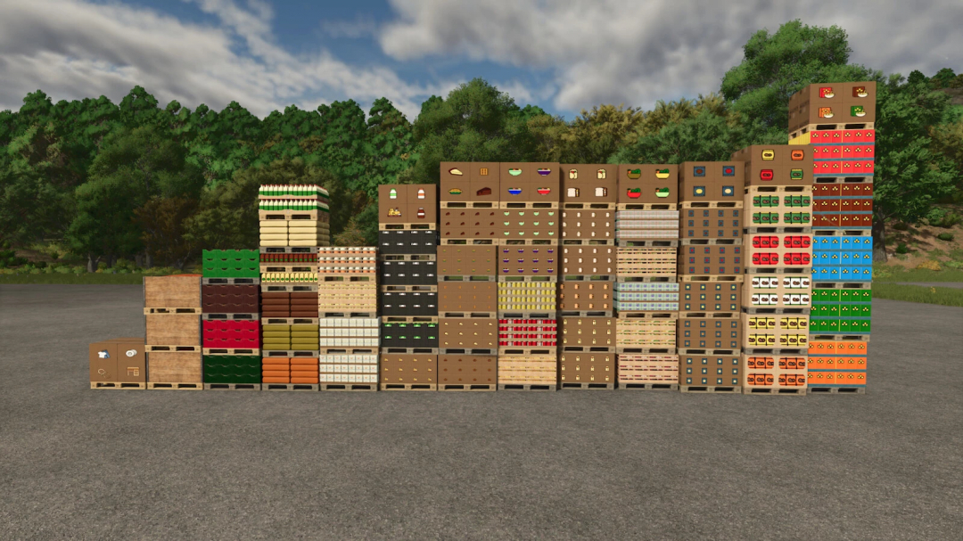 Stacked crates of various food products in the Farming Simulator 25 mod for supermarkets and grocery stores.