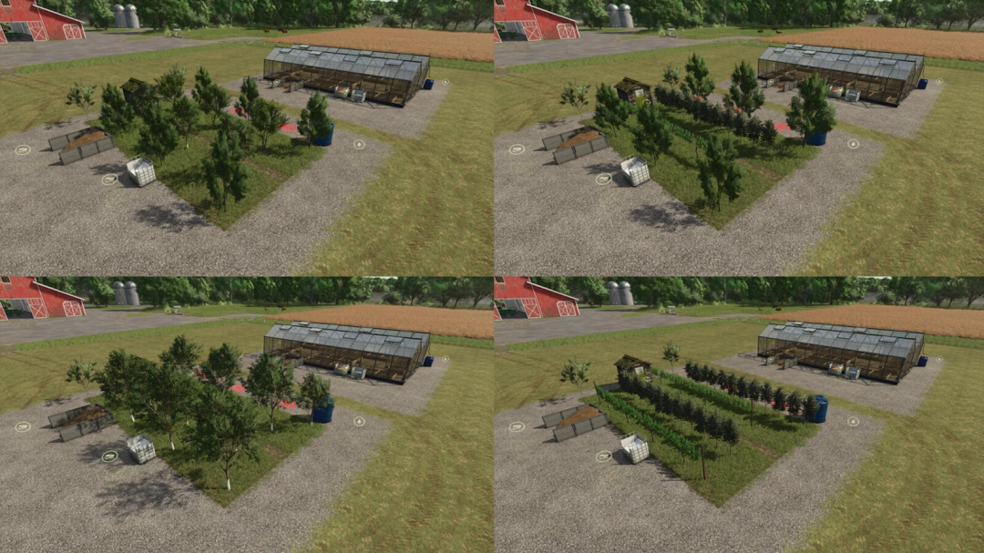 Farming Simulator 25 mod image showing greenhouse, trees, garden beds, and farm equipment in a lush farm setting for FS25 mods.