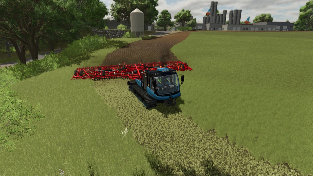Farming Simulator 25 mod: T-Wolf Agripower v1.0.0.0, a tracked agricultural machine working on a farm field with a red cultivator attachment.
