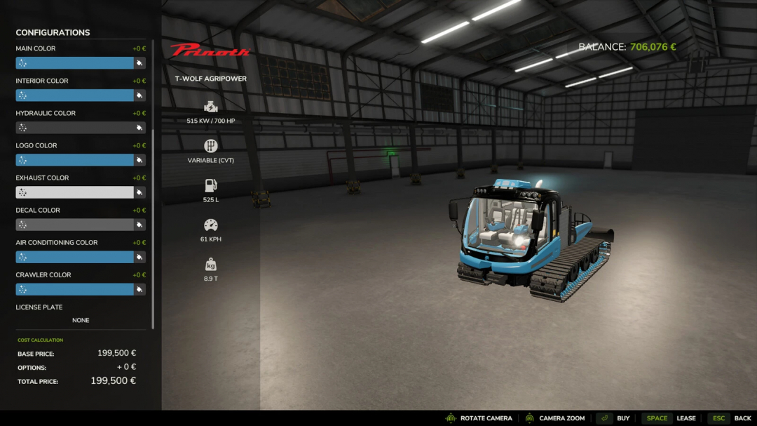 Farming Simulator 25 mod featuring the T-Wolf Agripower tracked vehicle with 515 kW engine, adjustable colors, and 706,076€ balance in a warehouse