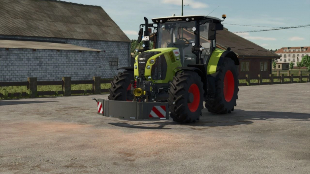 Farming Simulator 25 mod: green tractor with rear Tampon Weight v1.0.0.0 attachment, realistic farming equipment for immersive gameplay.