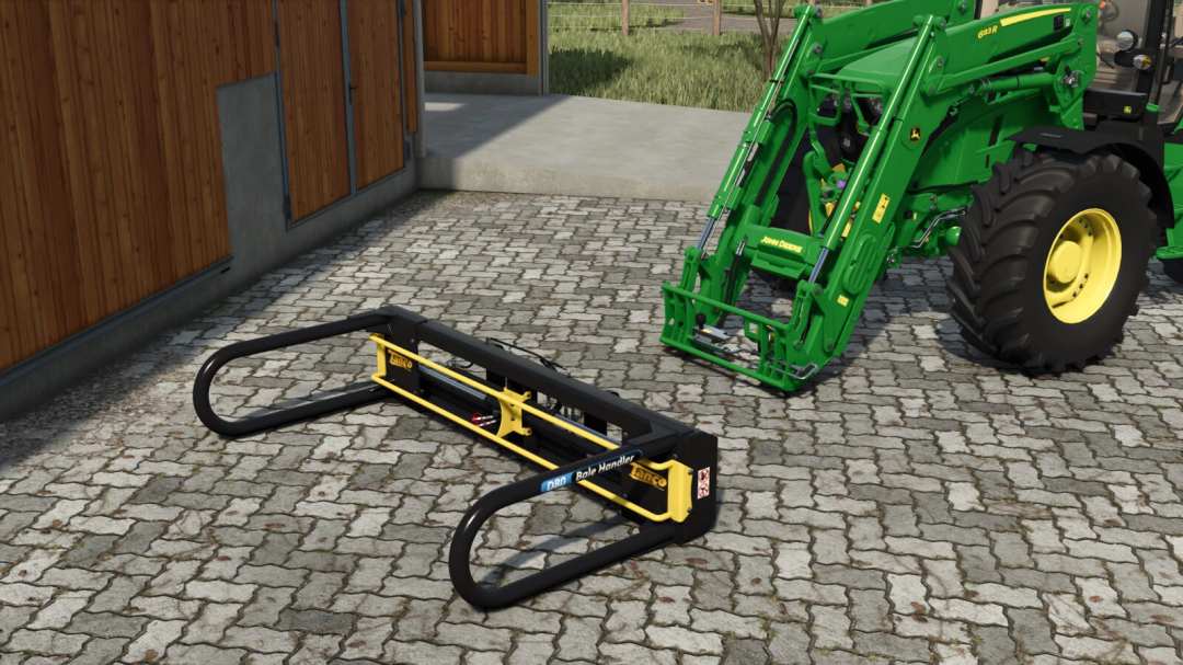 Farming Simulator 25 mod image showing a John Deere tractor with a Tanco D 80 bale handler attachment on a cobblestone surface.