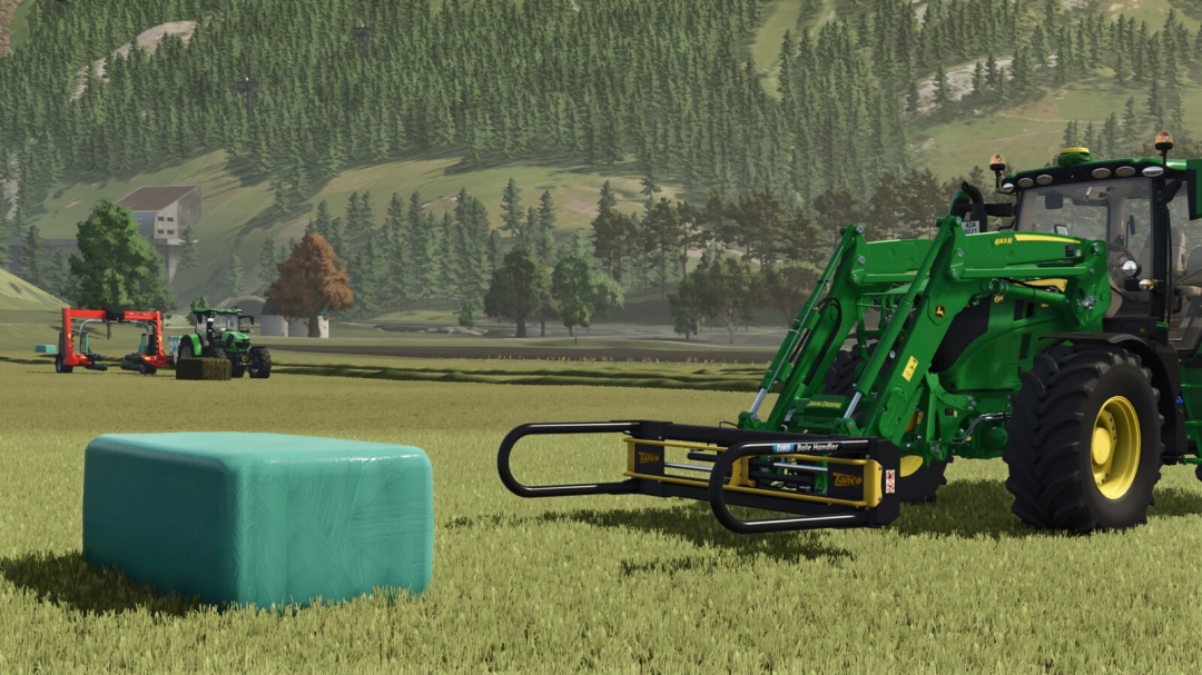 Farming Simulator 25 mod showcasing a green tractor with front loader attachment near a hay bale in a field.