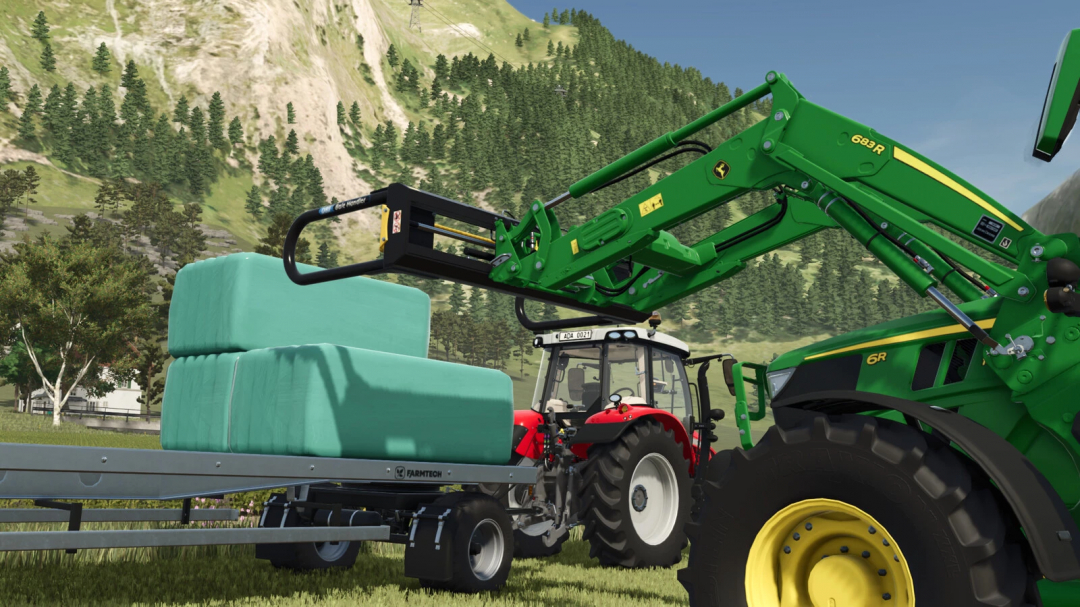 Farming Simulator 25 mod featuring a green John Deere 683R front loader attachment with hay bales, towing a trailer with hay blocks.