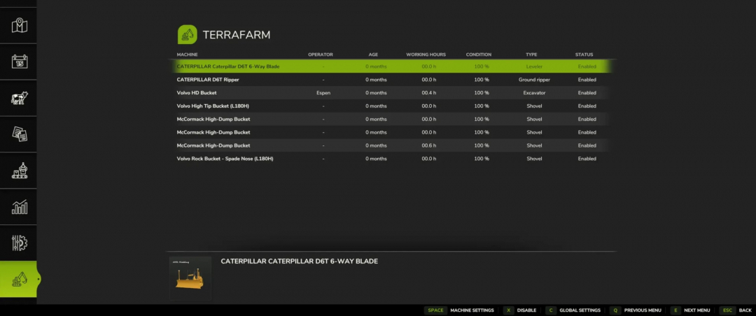 Screenshot of TerraFarm mod management interface for Farming Simulator 25, featuring a Caterpillar D6T 6-Way Blade and other equipment.