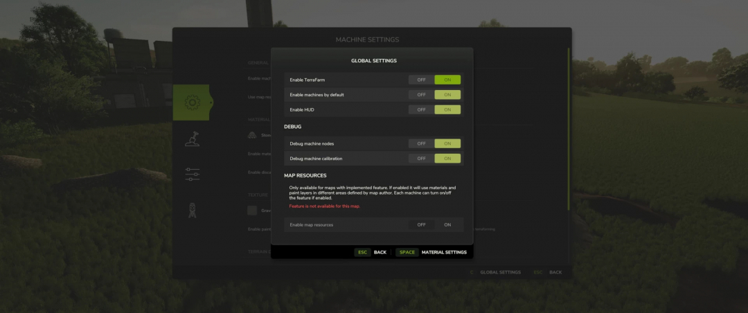 Farming Simulator 25 mod menu with TerraFarm v0.9.0.6 global settings enabled for FS25 mods.