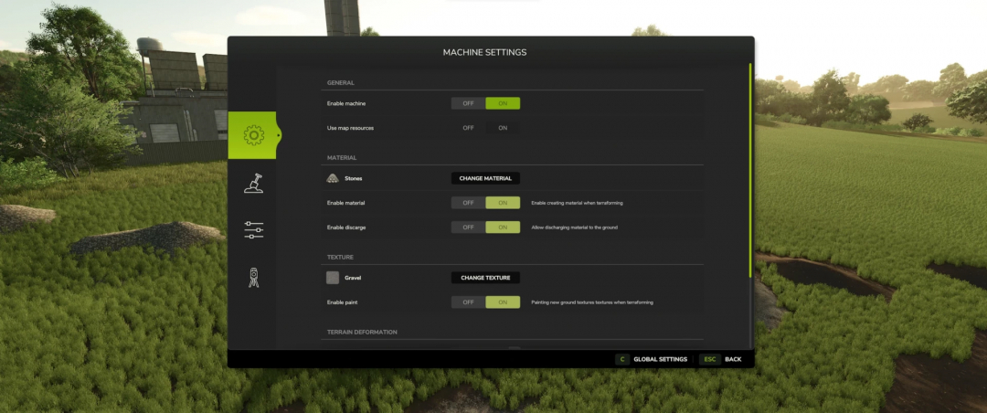 Farming Simulator 25 mod showcasing TerraFarm v0.9.0.6 machine settings interface in a lush green field environment.