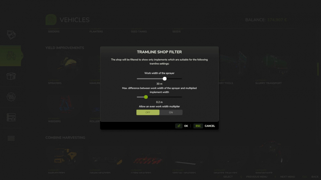 Screenshot of the Tramline Shop Filter settings in Farming Simulator 25, allowing to customize sprayer work width and other tramline options.