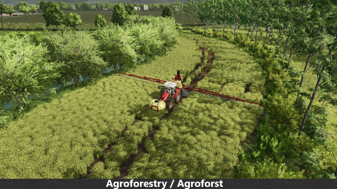 Farming Simulator 25 mod showcasing Agroforestry / Agrorest with a tractor and boom sprayer in a lush orchard.