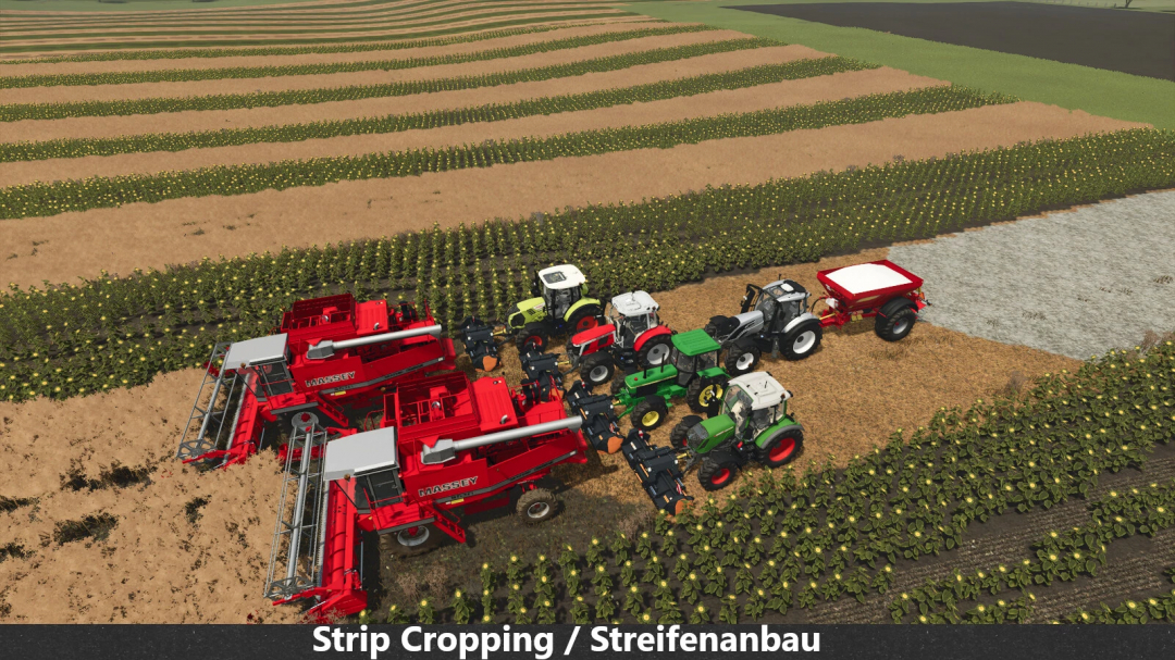 Farming Simulator 25 mods featuring a strip cropping setup with multiple tractors and Massey equipment in a field.