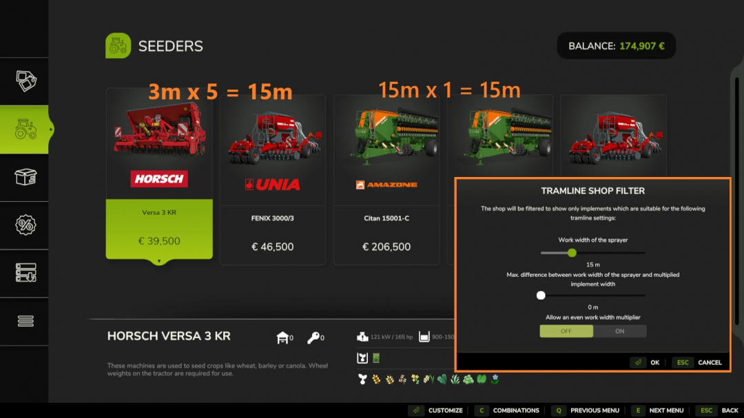 Farming Simulator 25 mod screen showing the Tramline Shop Filter for seeders, with adjustable work width and multiplier settings.