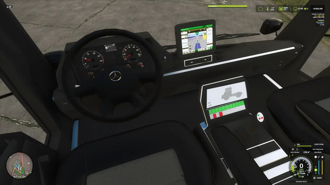 Farming Simulator 25 mod: Inside view of a Mercedes-Benz Unimog U400 truck with dashboard and navigation screen.