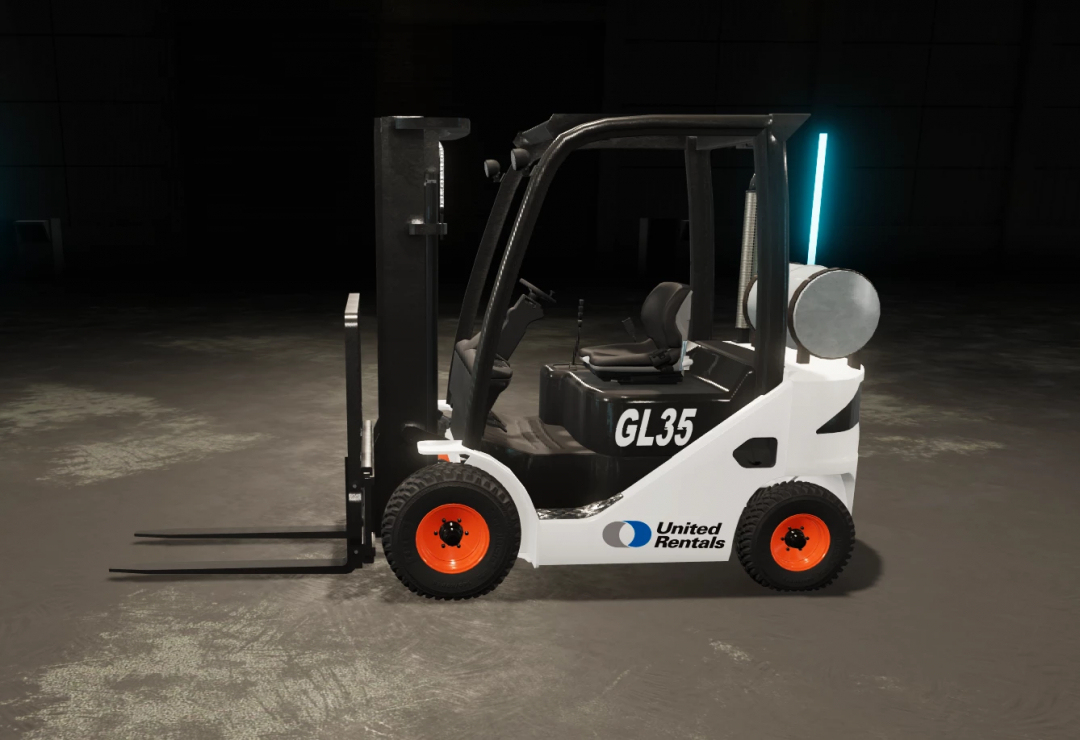 Farming Simulator 22 mod: United Rental Bobcat Forklift Edit v1.0.0.0, compact forklift with logo and fuel tank in black and white.