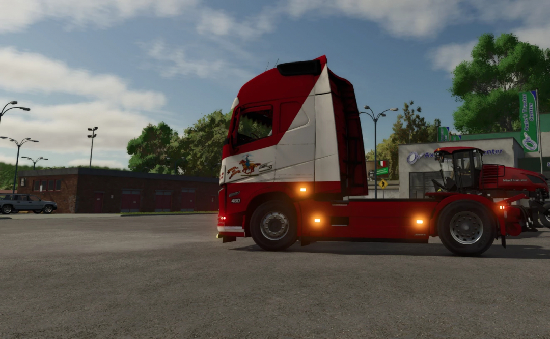 Farming Simulator 25 mod image of a red and white Volvo FH5 truck with a themed decal on the side.