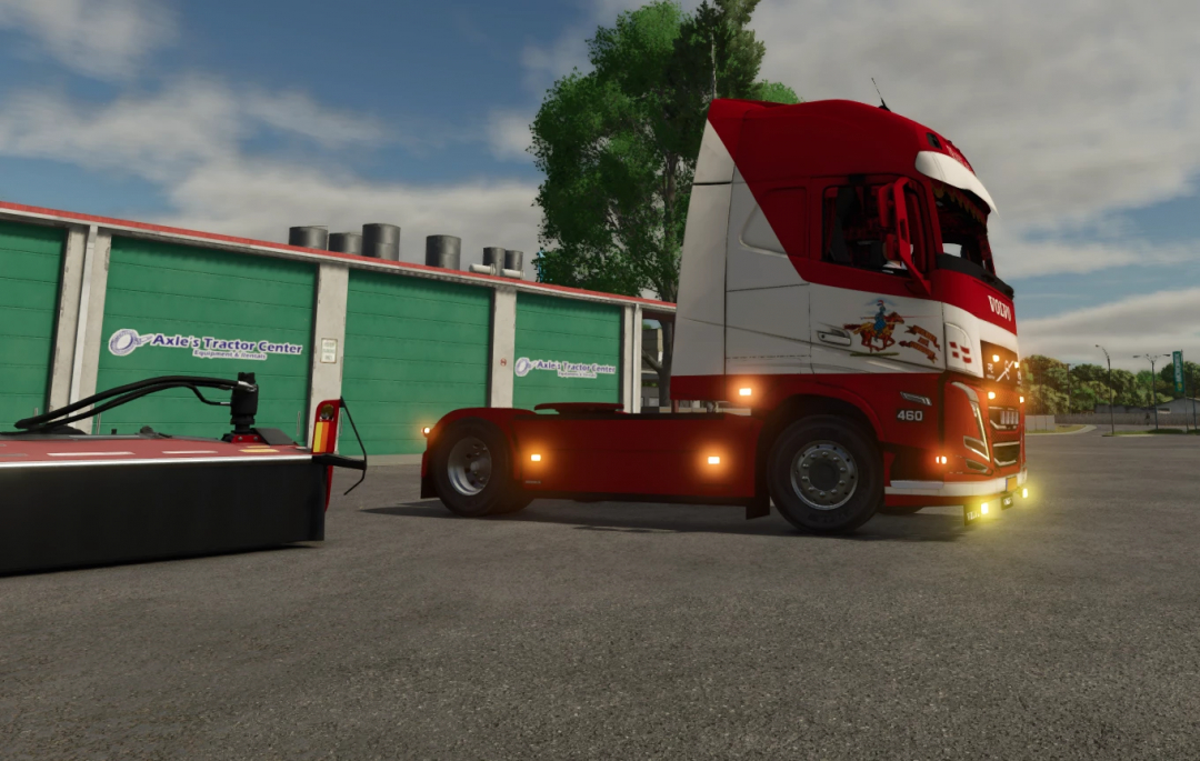 Farming Simulator 25 mod: red Volvo FH5 truck parked near Axle's Tractor Center.