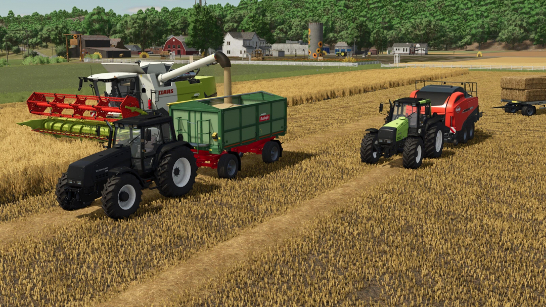 Farming Simulator 25: Tractors and forage harvesters working on a golden wheat field, equipped with FS25 mods including Valtra Valmet Series 8x50.