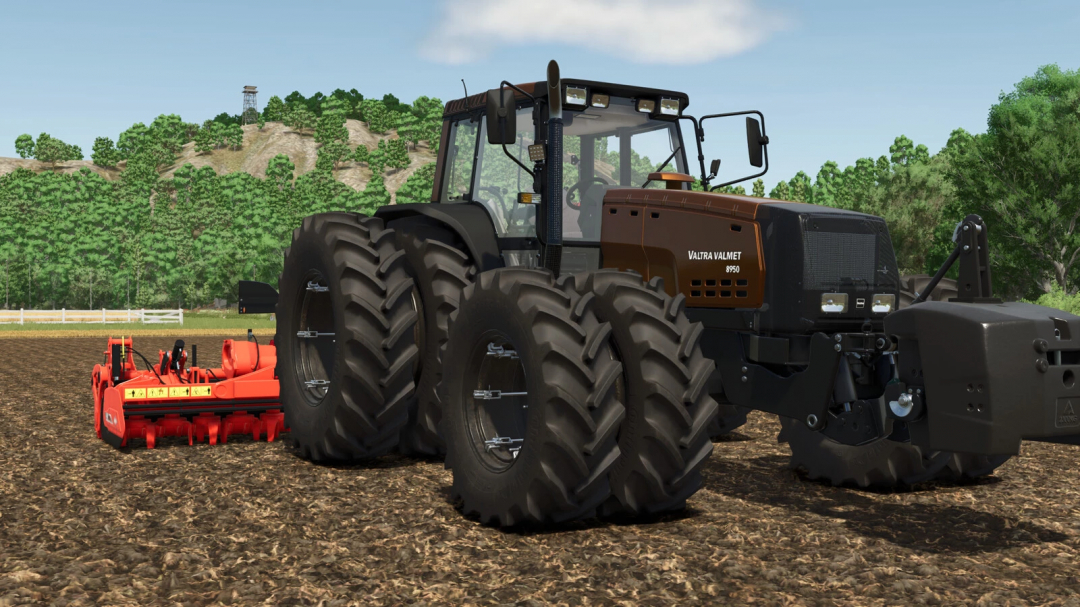 Farming Simulator 25 mod: Valtra Valmet Series 8x50 tractor working on farmland with a red tillage implement, realistic farming scene.