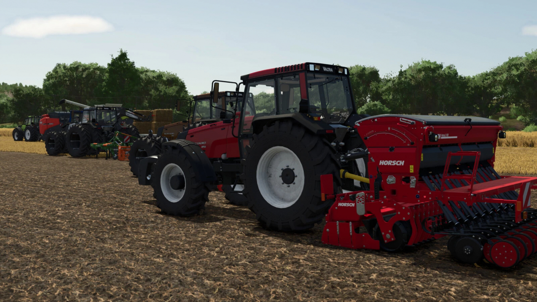 Farming Simulator 25 mods, Valtra Valmet Series 8x50 tractor with HORSCH seeder on farmland in FS25 game.