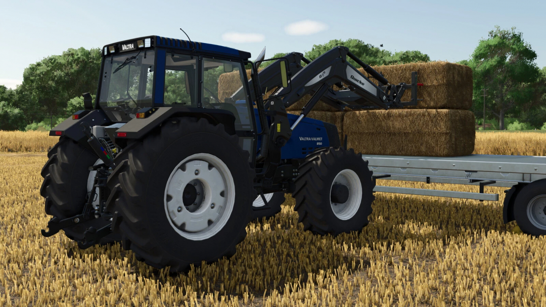 Farming Simulator 25 mod featuring the Valtra Valmet Series 8x50 tractor with front loader in a field setting.