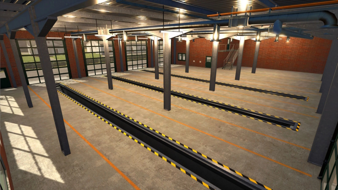 Farming Simulator 25 mod: Vehicle Workshop v1.0.0.0, an empty garage with vehicle lifts, industrial lighting, and brick walls for mods.