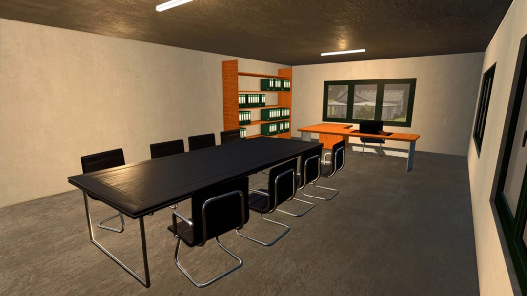 Office room in Farming Simulator 25 with a large conference table, chairs, a desk with a computer, and shelves with binders, for FS25 mods.