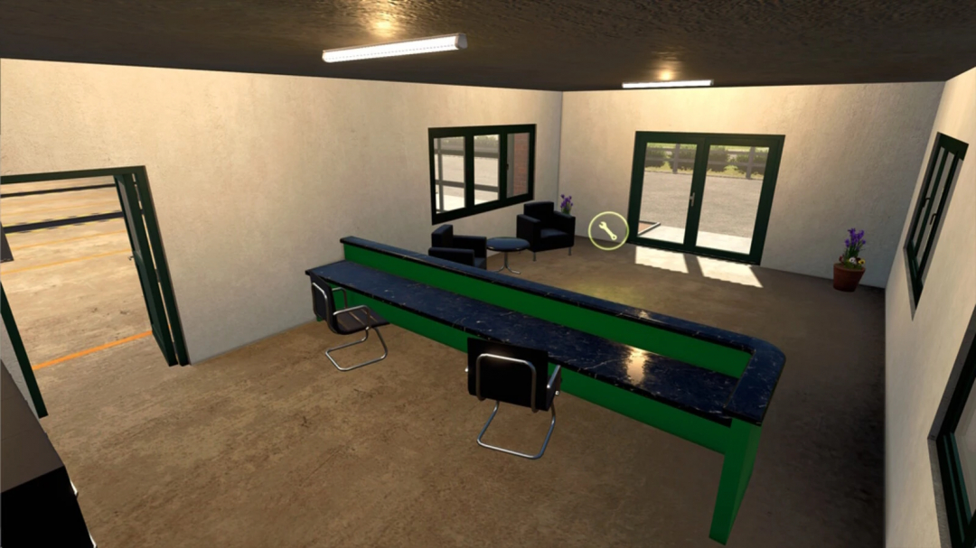 Inside a workshop room in Farming Simulator 25 with FS25 mods, featuring a green worktable, chairs, black seating area, and large windows.