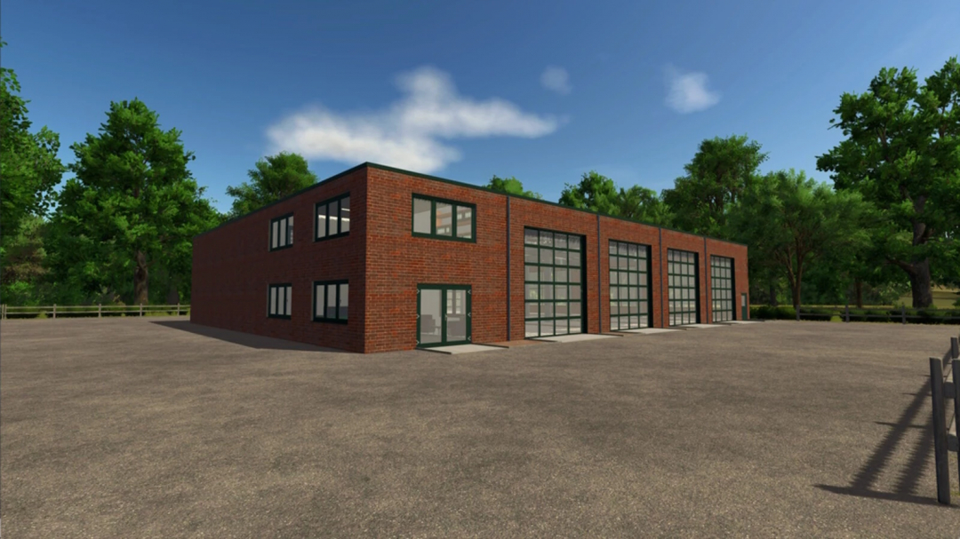 Farming Simulator 25 mod: modern vehicle workshop building with large garage doors and brick facade, ideal for FS25 mods.