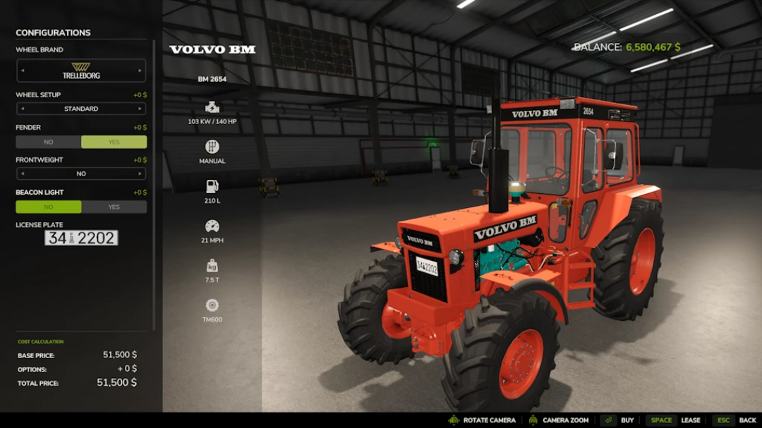 Farming Simulator 25 mod: Volvo BM 2654 tractor with 103 kW engine, 210L fuel capacity, shown in a virtual garage.