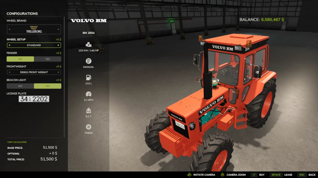 Farming Simulator 25 mod: Volvo BM 2654 tractor with custom configurations, wheel setup, and a balance of $6,580,467.