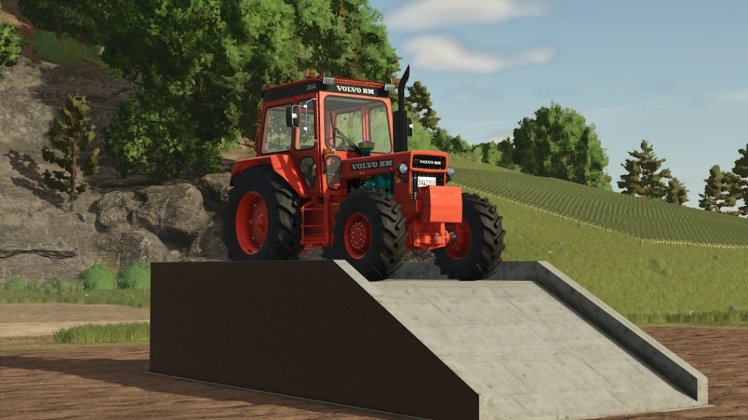 Farming Simulator 25 mod featuring a red Volvo BM 2654 tractor on a ramp in a countryside setting.