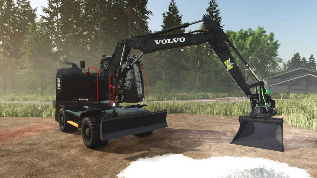 FS25 mods: Volvo EWR150E Black Edition v1.0.0.0, a compact construction excavator with black finish, in Farming Simulator 25.