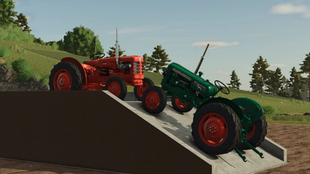 Two vintage tractors, one red and one green, parked on a grassy hill with a backdrop of trees, in Farming Simulator 25 mods.