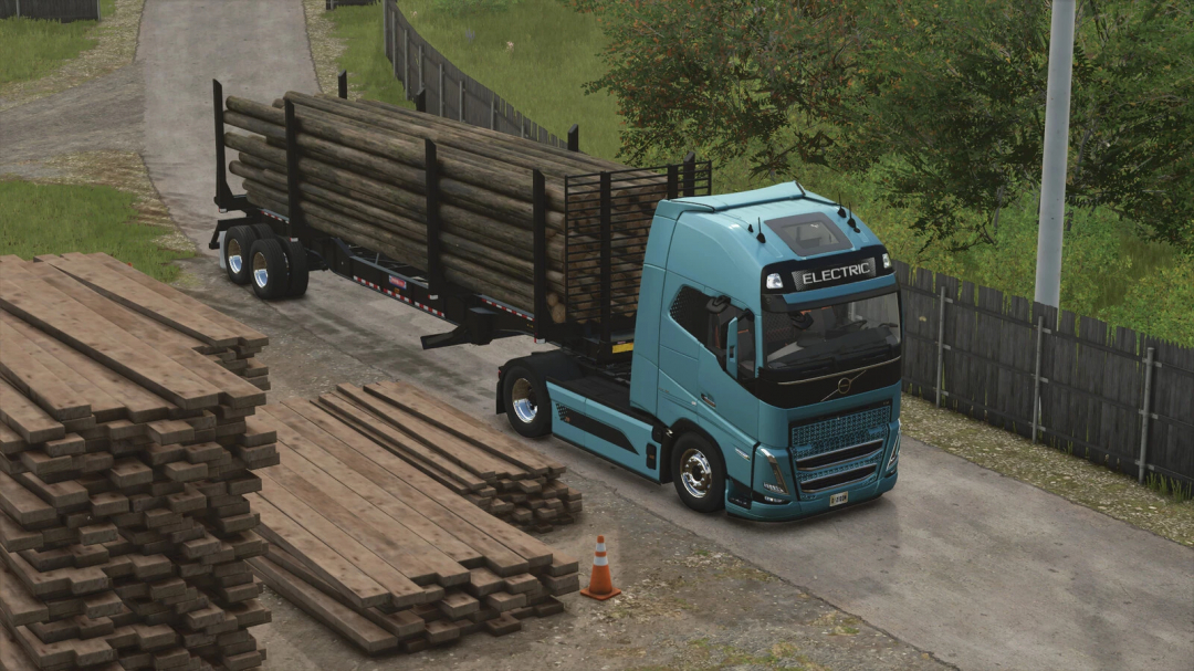 Farming Simulator 25 mod: Electric log loader truck carrying logs on a farm, with stacked timber and safety cone nearby.