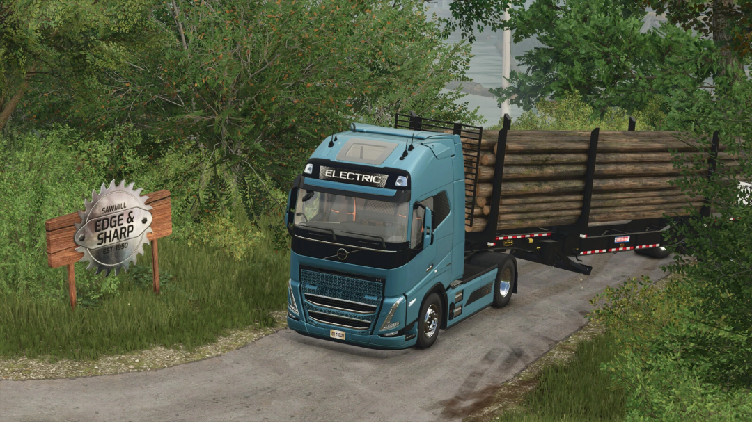 Electric logging truck carrying logs at Edge & Sharp Sawmill in Farming Simulator 25, showcasing FS25 mods.