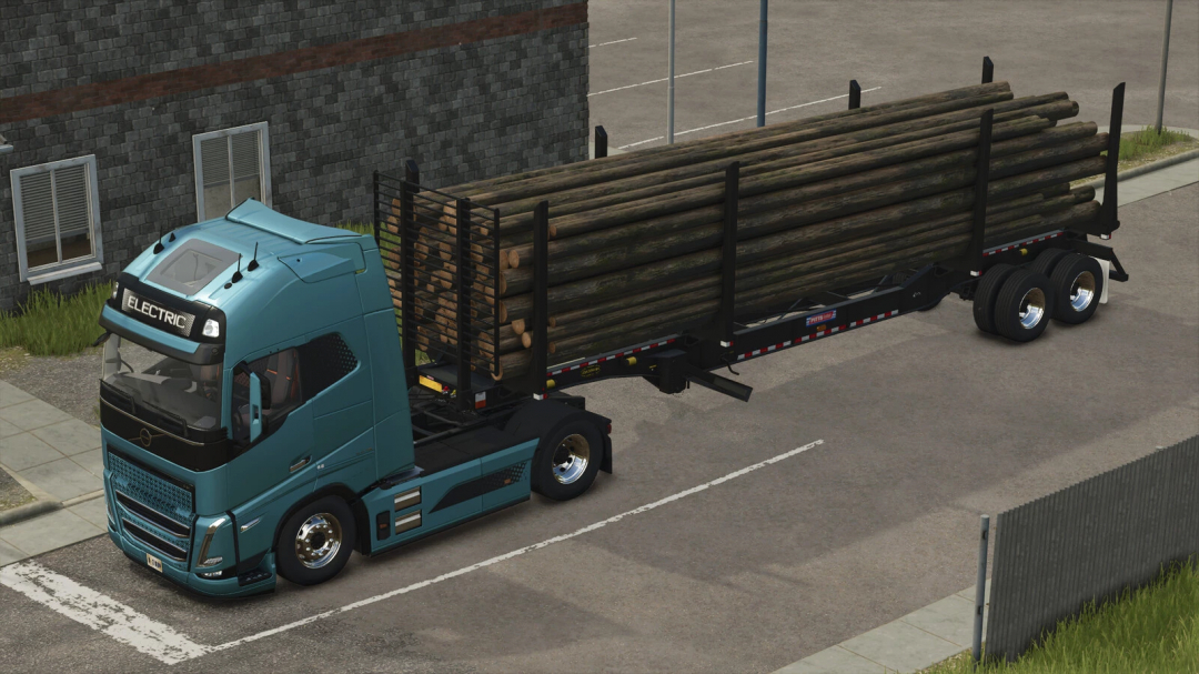 Farming Simulator 25 mod: Electric truck with wood loader carrying logs, part of FS25 mods collection.