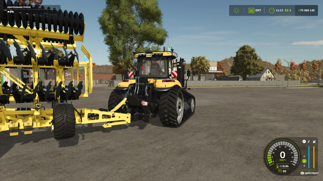 Farming Simulator 25 mod featuring a yellow Challenger MT 845 tractor with a yellow plow attachment on a farmyard.