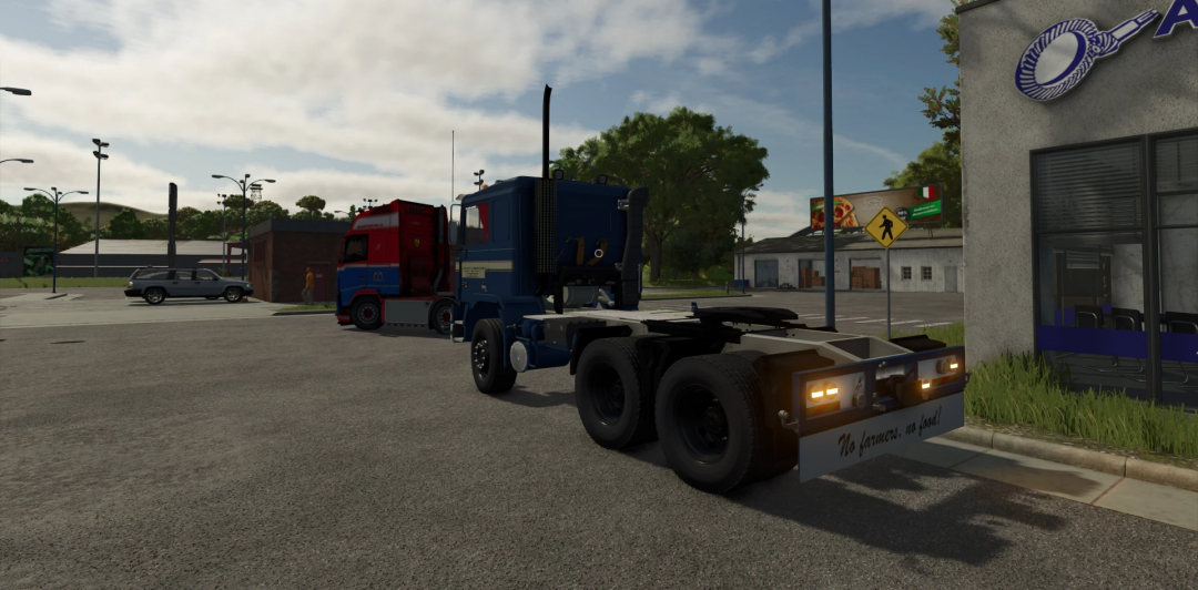 Farming Simulator 25 mod featuring a Volvo F 12 truck parked near a roadside shop with a sign that says 'No farmers, no food!'.