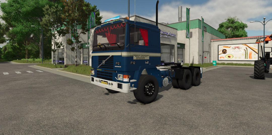 Farming Simulator 25 mod featuring a blue Volvo F 12 truck parked near Farmer's Market, showcasing detailed vehicle textures.