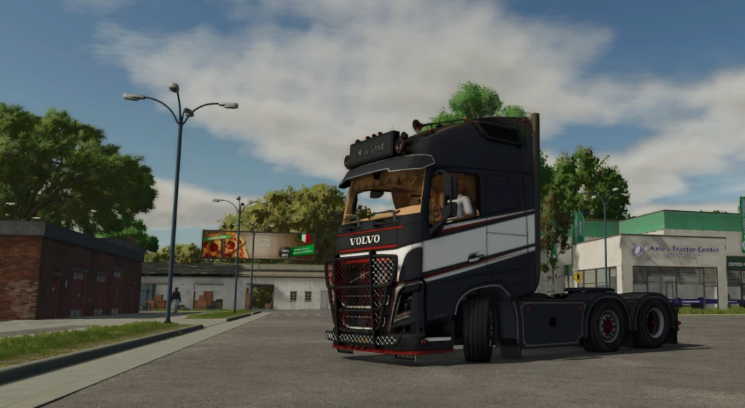 Farming Simulator 25 mod featuring a black Volvo FH16 truck with custom design and detailed modifications.
