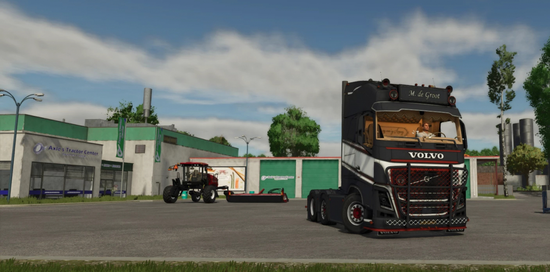 Farming Simulator 25 mod featuring a Volvo FH16 truck parked outside Axle & Tractor Center.