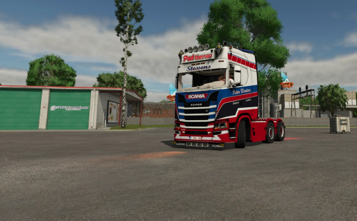 fs25-mods, Scania S520 truck mod in Farming Simulator 25 with detailed blue, red, and white design, parked in an urban environment.